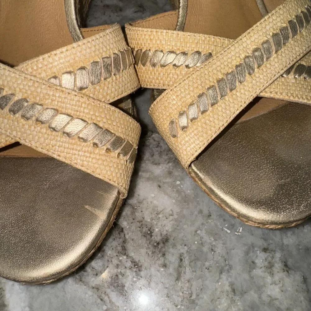 Jack Rogers Size 10M ABBEY Natural Raffia Gold Wedge Sandals Womens Shoes‎